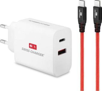 Swiss Charger 65W Type-C + USB Şarj Adaptörü Hızlı Şarj Cihazı