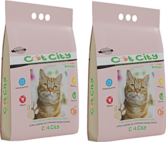 Cat City Ekstra Parfümlü Bentonit Topaklanan Kedi Kumu 10 Lt Bebek Pudralı ( 2 Adet )