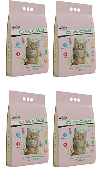 Cat City Ekstra Parfümlü Bentonit Topaklanan Kedi Kumu 10 Lt Bebek Pudralı ( 4 Adet )