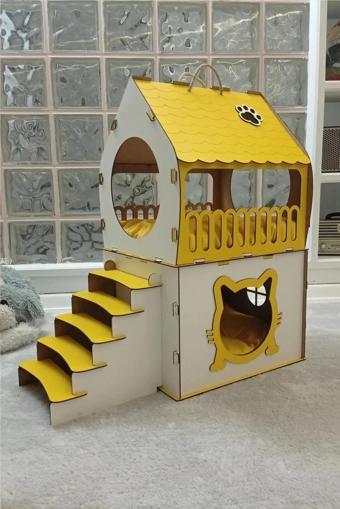 Dekoratif Ahşap Kedi Evi Teraslı 2 Katlı Merdivenli Kedi Evi Sarı - Beyaz