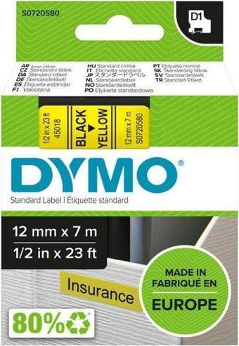 DYMO D1 Yedek Şerit 12 mm x 7 mt Sarı / Siyah (45018) S0720580