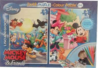 Mickey Mouse ve Arkadaşları Boyama Kalemli 2 Adet  96 Parça Çocuk Puzzle