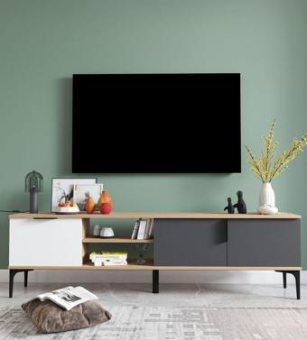 Alonex Mobilya Tarz Tv Ünitesi, Raflı Tv Sehpası, 180 Cm Tv Ünitesi Konsol ( Beyaz-Antrasit)