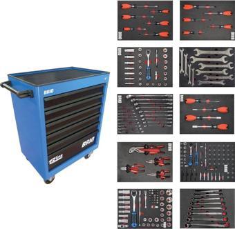 Brio Hareketli Tekerlekli Takım Dolabı Takım Arabası 6 Çekmeceli Kilitli Pro Ss 258 Parça Mavi Dolu