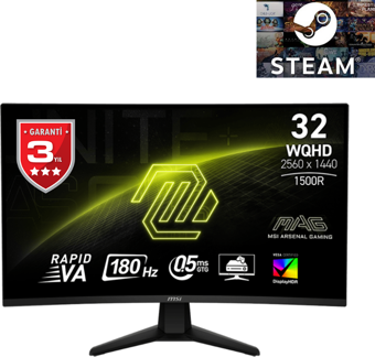 MSI MAG 32CQ6F 31.5 2560x1440 180Hz 0.5ms HDMI DP HDR 400 Curved Adaptive Sync Led Monitör