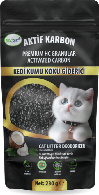 DOĞSEK Kedi Kumu Koku Giderici 230gr Premium HC Granular Activated Carbon Hindistan Cevizi Kabuğu Bazlı Aktif Karbon Coconut