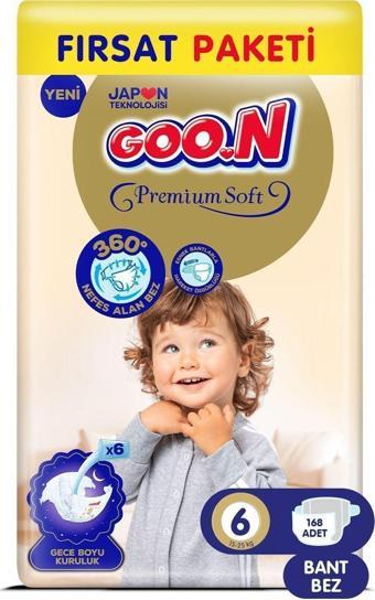 Goo.N Premium Soft 6 Numara Süper Yumuşak Bant Bebek Bezi Fırsat Paketi - 168 Adet