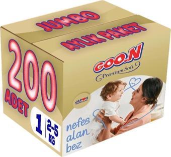 Goo.N Premium Soft Bebek Bezi Beden:1 (2-5Kg) Yeni Doğan 200 Adet Jumbo Aylık Pk