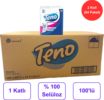 Teno Peçete 22,5 cm. x 26,5 cm. % 100 Selüloz 2 Koli (64 Paket) (50001458)