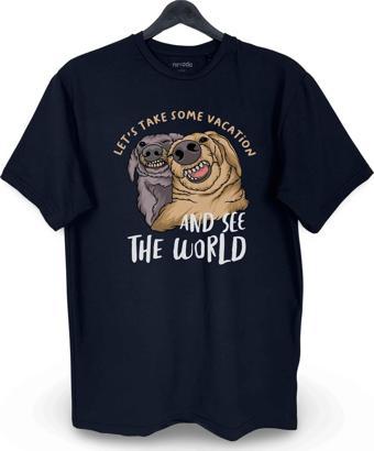 Selfie Çeken Köpekler Baskılı Loose Fit Bisiklet Yaka Unisex Tişört Siyah