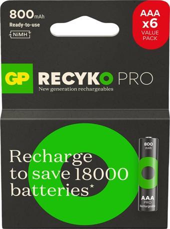 GP Batteries Recyko Pro AAA İnce Kalem Ni-Mh Şarjlı Pil, 1.2 Volt, 6’lı Kart