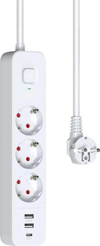 Fulltech Termal Akım Korumalı Uzatma Kablosu 3x Soket 1x TypeC 1.8M 3680W FTR-16
