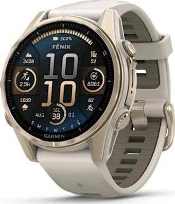 Garmin Fenix 8 - 43 mm AMOLED Sapphire Soft Gold ve Gri/Kum Taşı Silikon Kayışlı