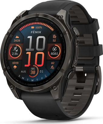 Garmin Fenix 8 – 47mm, AMOLED Sapphire Karbon Gri DLC Titanyum Siyah/Gri Kayışlı