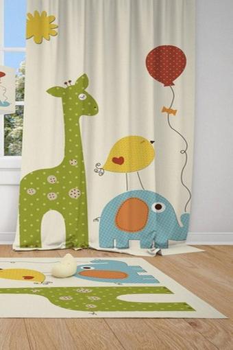 Cici Odam 1 Kanat Fil,zürafa,kuş,uçan Balon Çocuk Bebek Odası Perdesi Fon Perde