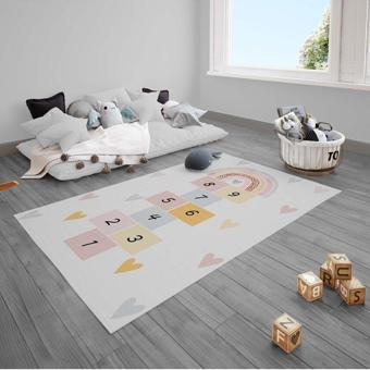 Cici Odam Çocuk Bebek Odası Halısı Seksek Kalpli Renkli Gökkuşağı