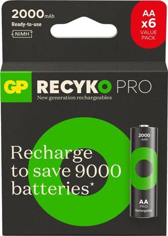 GP Batteries Recyko Pro AA Kalem Ni-Mh Şarjlı Pil, 1.2 Volt, 6’lı Kart