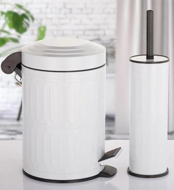  Pedallı Çöp Kovası Tuvalet Wc Fırçası Banyo Çöp Kovası 2'li Banyo Seti 5 Litre Beyaz Vintage     