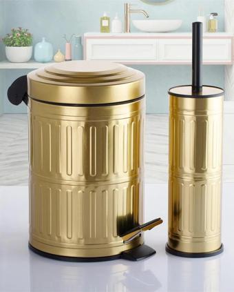  Pedallı Çöp Kovası Tuvalet Wc Fırçası Banyo Çöp Kovası 2li Banyo Seti 5 Litre Gold Vintage
