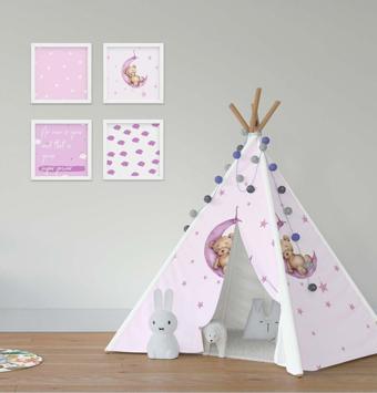 Cici Odam Çocuk Bebek Odası Oyun Çadırı Ayda Uyuyan Ayıcık Serpme Yıldızlı