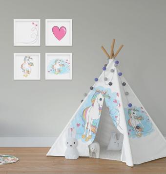 Cici Odam Çocuk Bebek Odası Oyun Çadırı Renkli Unicorn ve Kalpler