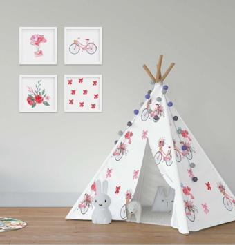 Cici Odam Çocuk Bebek Odası Oyun Çadırı Fiyonklu Çiçekli Bisiklet