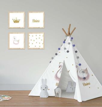 Cici Odam Çocuk Bebek Odası Oyun Çadırı Taçlı Kuğu Serpme Yıldızlı