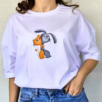 Latis Baskı Beyaz Pamuklu Karikatür Baskılı Oversize Tshirt