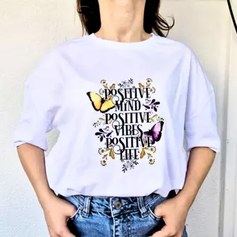 Latis Baskı Beyaz Pamuklu Yazı Motto Baskılı Oversize Kısa Kollu Tshirt