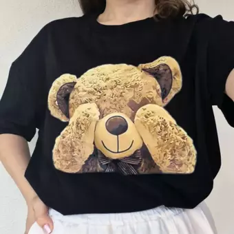 Latis Baskı Siyah Pamuklu Ayıcık Desenli Baskılı Oversize T-shirt