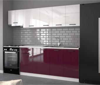 Visas Concept 240 Cm Buğra Hazır Mutfak Dolabı Parlak Hıgh-Gloss Beyaz Ve Mürdüm(Tezgah Dahil)