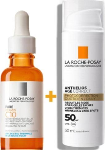 La Roche Posay Uv Kaynaklı Lekeli Ciltler Için Bakım Seti | C Pure Serum - Age Correct Orijinal Boy