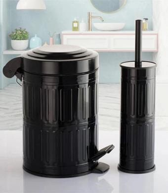 Pedallı Çöp Kovası Tuvalet Wc Fırçası Banyo Çöp Kovası 2'li Banyo Seti 5 Litre Siyah Vintage     