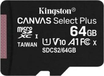 Kingston MicroSD XC Canvas Select Plus 64 GB 100R A1 C10 Card ve Adaptör