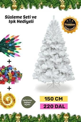 Premium Süsleme Set Yılbaşı Beyaz Çam Ağacı Renkli Işığı Yeni Yıl Süsleri Noel Paketi 150 Cm 220 Dal