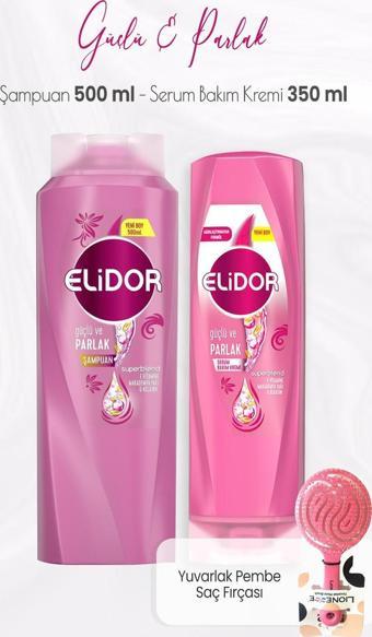 Elidor Superblend Güçlü ve Parlak Şampuan 500 ml, Serum Bakım Kremi 350 ml ve Saç Fırçası Pembe