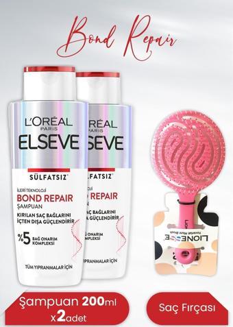 Elseve Bond Repair Şampuan Sülfatsız 200 ml x 2 Adet ve Tarko Lionesse Saç Fırçası Yuvarlak Pembe