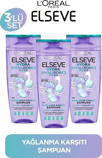 Elseve Hydra Pure Salisilik Asit içeren Yağlanma Karşıtı Nemlendirici Şampuan 3'lü Set