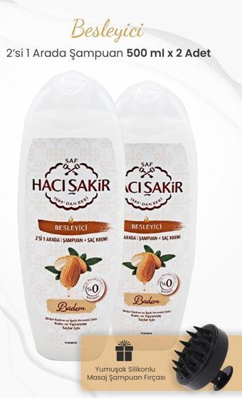 Hacı Şakir Badem 2si 1 Arada Şampuan 500 ml x 2 Adet ve Şampuan Fırçası Siyah