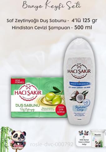 Hacı Şakir Doğal Saf Geleneksel Beyaz Sabun 4 x 200 gr, Hindistan Cevizli Şampuan 500 ml  ve ROSIE
