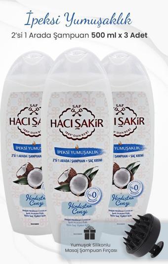 Hacı Şakir Hindistan Cevizi 2si 1 Arada Şampuan 500 ml x 3 Adet ve Şampuan Fırçası Siyah