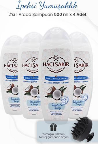 Hacı Şakir Hindistan Cevizi 2si 1 Arada Şampuan 500 ml x 4 Adet ve Şampuan Fırçası Siyah