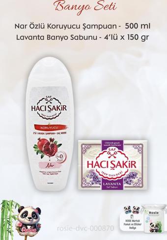 Hacı Şakir Nar 2si 1 Arada Şampuan 500 ml, Lavanta Kokulu Banyo Sabunu 4 x 150 gr ve ROSIE
