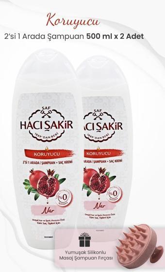 Hacı Şakir Nar 2si 1 Arada Şampuan Koruyucu 500 ml x 2 Adet ve Şampuan Fırçası Pembe