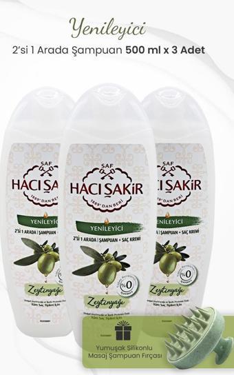 Hacı Şakir Zeytinyağlı 2si 1 Arada Şampuan 500 ml x 3 Adet ve Şampuan Fırçası Yeşil