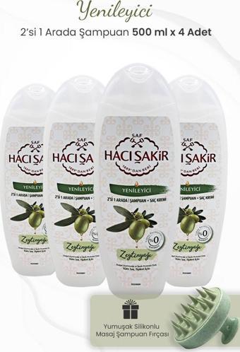 Hacı Şakir Zeytinyağlı 2si 1 Arada Şampuan 500 ml x 4 Adet ve Şampuan Fırçası Yeşil