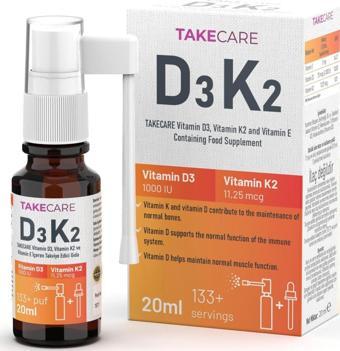 TAKECARE Vitamin D3, Vitamin K2 ve Vitamin E İçeren Takviye Edici Gıda 20ml Sprey ve Damla