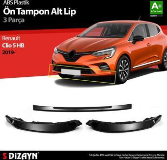 S-Dizayn Renault Clio 5 HB ABS Plastik Ön Tampon Alt Lip 3 Prç. 2019 Üzeri A+Kalite