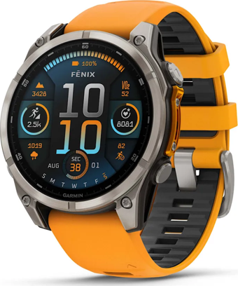  Garmin Fenix 8 – 47mm AMOLED Sapphire Titanyum Turuncu/Grafit Silikon Kayışlı