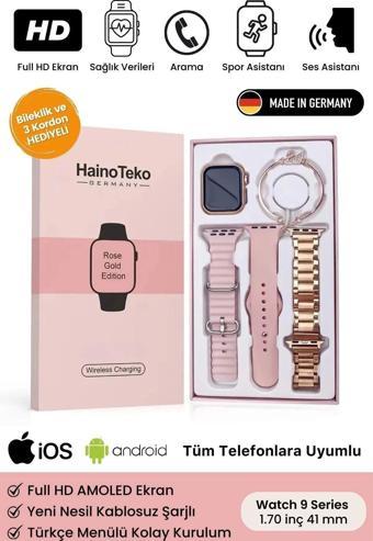 Yeni Nesil 3 Kordonlu Wireless Şarjlı Spor Sağlık Sensörlü Watch 9 Series 41mm Kadın Akıllı Saat